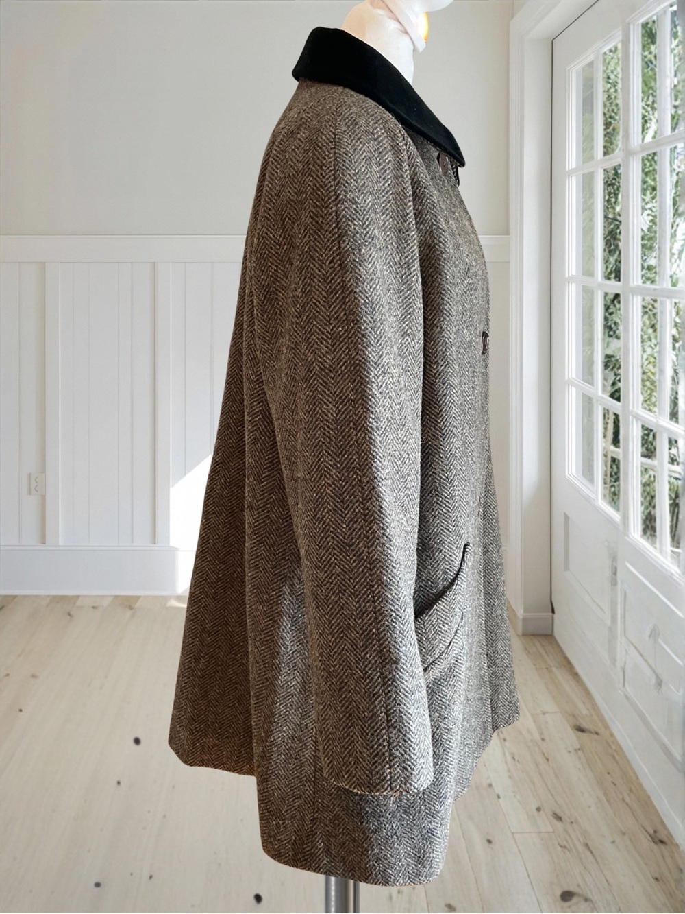 JONES NEW YORK Vintage Wool Tweed Velvet Collar Coat Women's L XL Herringbone 80 - Picture 6 of 16